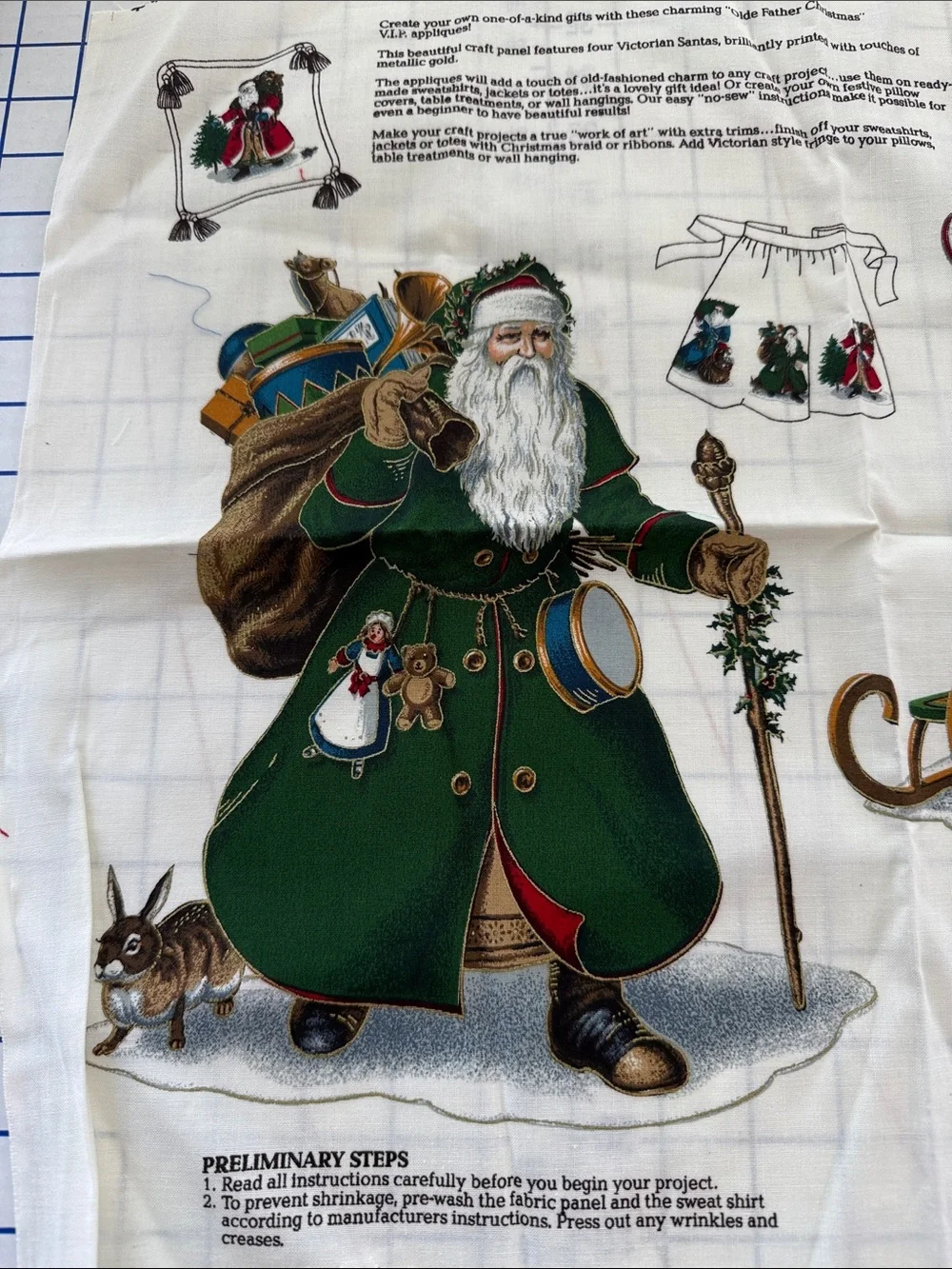 Vintage Olde Father Christmas Fabric Applique Panel Victorian Santa Uncut
